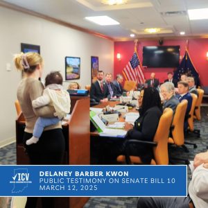 Photo of Delaney Barber Kwon testifying at the Indiana Statehouse in a committee hearingon Senate Bill 10 which would make it harder for college students to vote in Indiana