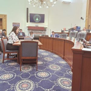 ICV's Desi Rybolt testifying in Senate Environmental Affairs Committee on House Bill 1037 which affects stormwater regulations in Indiana